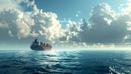 Obraz premium Side view of a massive cargo ship on the left, endless ocean filling the rest of the frame, slightly cloudy sky background