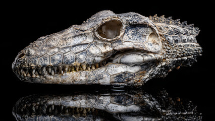 Obraz premium Textured Crocodilian Skull Displayed on a Reflective Surface