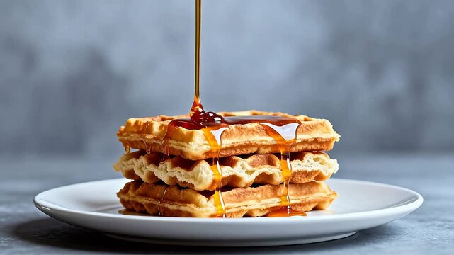 Stacked waffles with syrup on plate