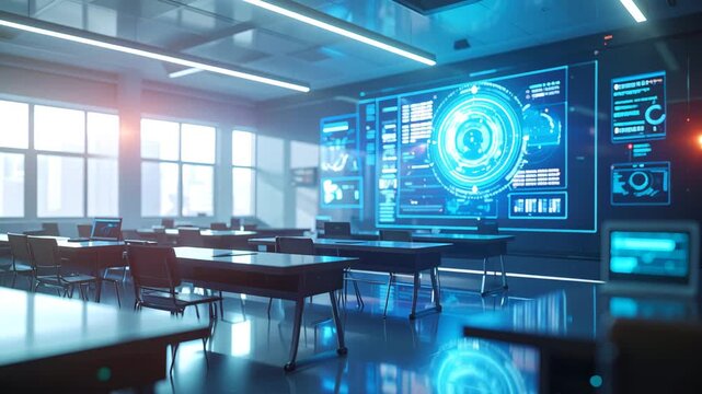 Futuristic Classroom: A technologically advanced classroom with interactive displays and digital interfaces, showcasing the future of education and interactive learning.