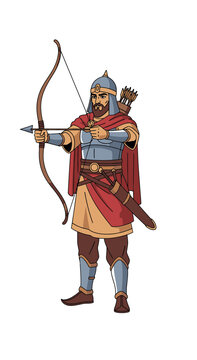 Ancient Parthian archer preparing to shoot an arrow in armor  