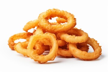 Golden crispy onion rings piled up on a white background