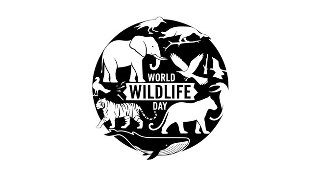 World Wildlife Day vector illustration with animal silhouettes forming a globe, flat monochrome design on white background, conservation concept, scalable SVG style