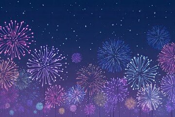 Colorful illustration of vibrant fireworks bursting against a dark blue starry night sky background