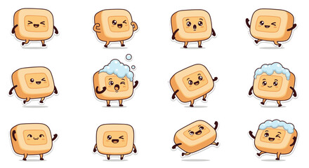 Fototapeta premium Cartoon soap bar character expressions in various playful poses 