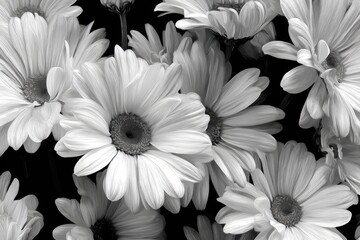 Black and white macro floral composition featuring vibrant daisy-like flowers