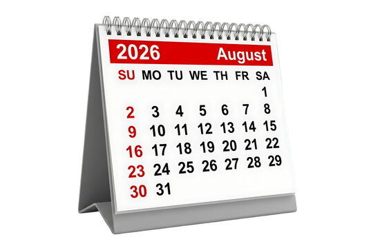 A realistic depiction of an august 2026 calendar showing all dates with a spiral binding on transparent background high quality professional detailed modern