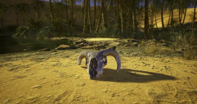 A ram skull rests on the sandy terrain, surrounded by sparse vegetation and palm trees under a bright sky. The setting reflects a dry and arid desert landscape.
