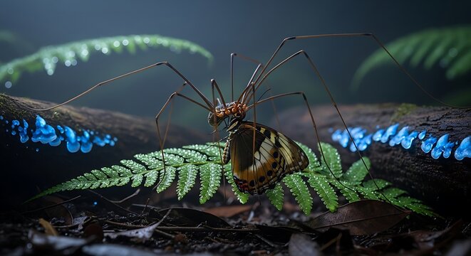 A harvestman spider with prey rests on a fern by glowing fungi.