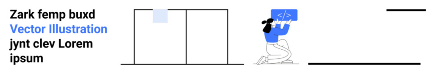 Software development, coding education, user interface design, programming, problem solving, technology work. Figure holding code element. Software development and coding education theme