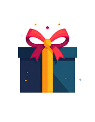 Illustration of a wrapped present with a red bow, golden ribbon, and a dark blue box