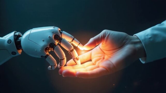 A robotic arm extending to meet a human hand, representing connection and cooperation