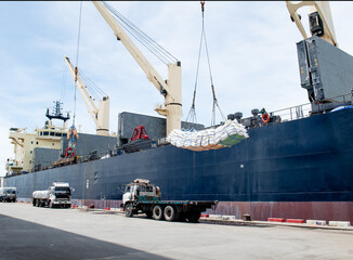Fototapeta premium Bulk carrier ship unloading cargo at port terminal. Industrial vessel docked at maritime pier with deck cranes lifting heavy bags onto trucks, concept for global trade and logistics.