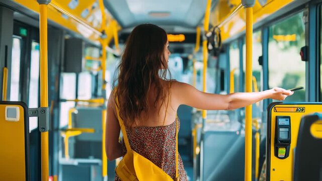 Back view of a young woman in a dress holding a smartphone to a validator terminal to pay for a ticket inside a modern city bus or tram, representing contactless payment and smart urban mobility.