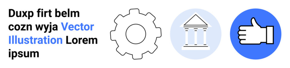 Obraz premium Business progress, legal system, positive feedback, technology, digital tools, productivity. Gear, building column and thumbs-up icons. Business progress and legal system conceptualized visually