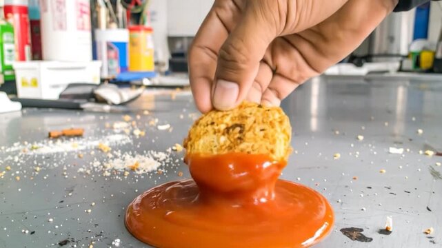 A person's hand dipping a crispy round cracker into a pool of ketchup.
