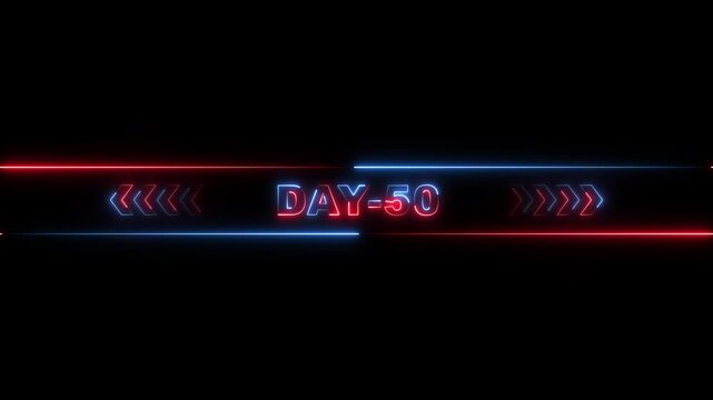 Neon Day 50 Countdown Timer with Red Blue Arrows on Black Background for Event Promotion or Deadline Reminder