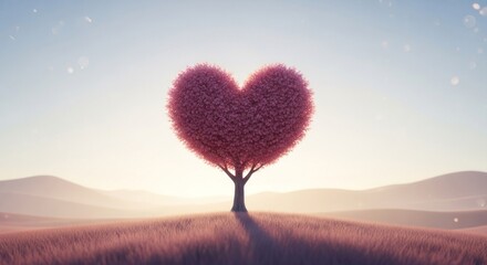 A heart-shaped tree stands alone in a field at sunrise, soft light & bokeh