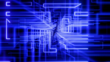 Abstract Blue Neon Technology Background with Glowing Digital Circuit Lines and Tunnel Effect, data flow
