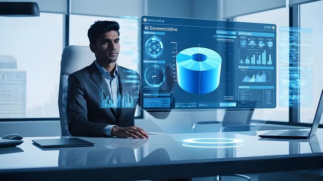 A professional businessman sitting at a desk in a modern office with a large computer monitor displaying graphs and charts, conveying a sense of technology and productivity with cool blue