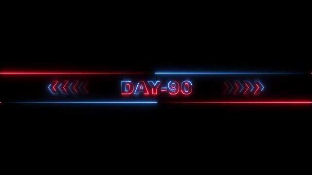 Neon Day 90 Countdown Timer with Red Blue Arrows on Black Background
