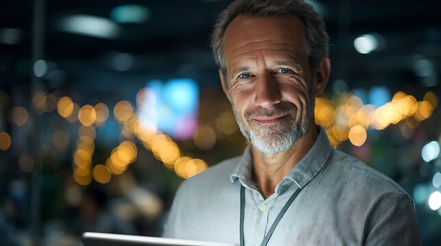 A middle-aged man with a tablet in a modern office at night with a silhouette of city lights behind him silhouette