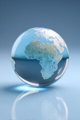 A clear crystal sphere features an earth map, reflecting light on a gradient blue background