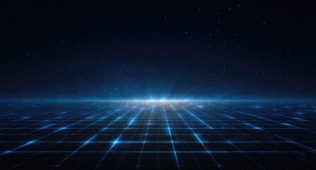 Futuristic digital grid horizon with particles against a dark blue gradient backdrop