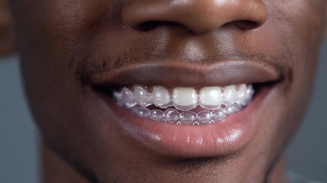 Detailed close portrait of smiling mouth fitted with clear aligner trays symbolizing innovative orthodontic care discreet braces and long term dental wellness
