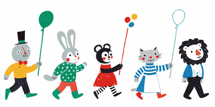 A whimsical parade of animal characters with balloons and a playful vibe