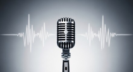 Fototapeta premium A retro microphone with sound wave visuals against a gradient grey background