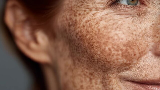Freckled female face close up showing natural skin texture authentic complexion realistic beauty individuality and unretouched detail in soft natural light
