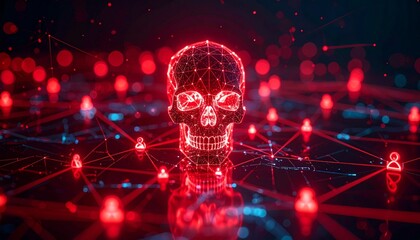 A digital skull representing cyber threat, connected with red dots in a techy background. The image evokes concern about digital security 