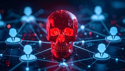 Concept of cyber threat with a glowing skull surrounded by connected digital people profiles. Represents danger, hacking, and online security risk. The glowing skull is the focal point.