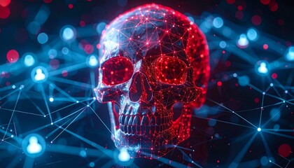 Cyber security breach concept. Digital skull, representing the dangers of data breaches and cybercrime, is visualized through connected networks.
