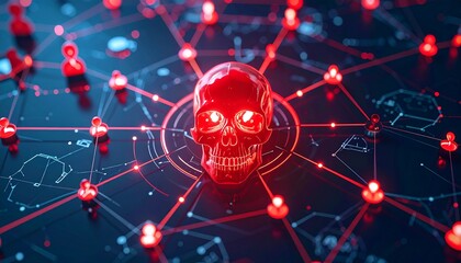 A digital skull in a network representing cyber threat. The skull is emitting a red glow, symbolizing danger and malicious activity.