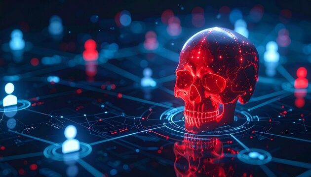 Digital skull amidst a network, representing cyber security and data breaches. The skull glows red with digital connections to user icons, a visual of potential threats