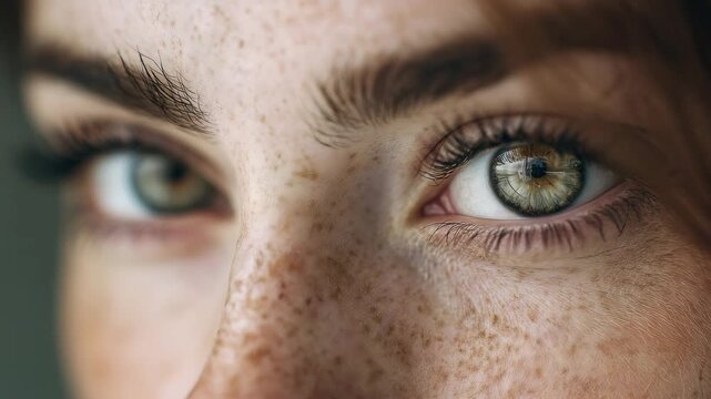 Extreme close up of female eyes with natural freckles and detailed eyelashes highlighting skin texture eye color beauty authenticity and human emotion in soft cinematic lighting
