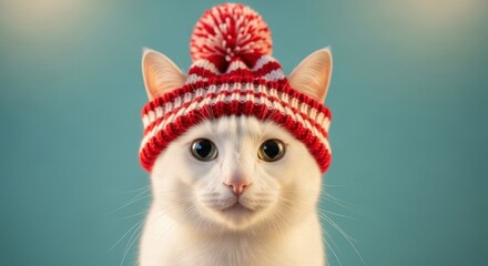 Fototapeta premium A white cat with wide eyes wears a red & white striped knit winter hat, against a teal backdrop