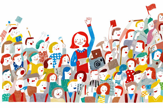 A diverse crowd of people celebrating with raised hands and flags