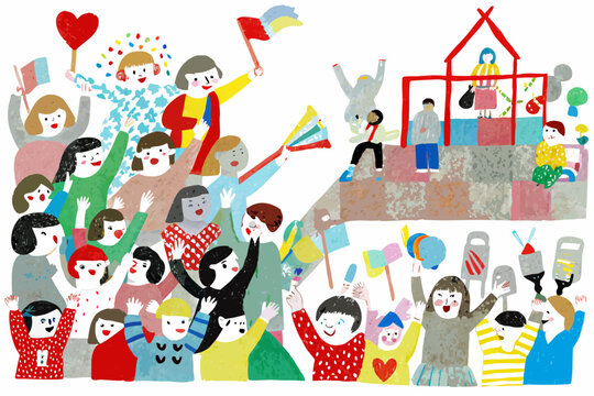 A cheerful illustration depicts a lively parade and celebration scene
