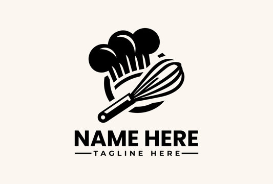 A logo design featuring a chef's hat and whisk on a beige background with space for a business name and tagline.