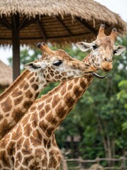 Obraz premium Two giraffes interacting in a lush green environment under a thatched roof.