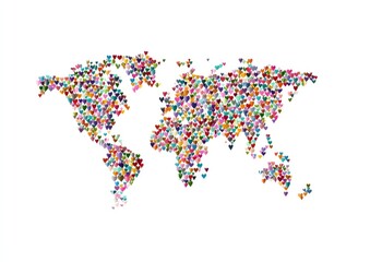 Obraz premium World map illustration composed of countless multicolored heart shapes on a white background