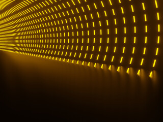 Yellow neon tunnel. Black background with neon lights