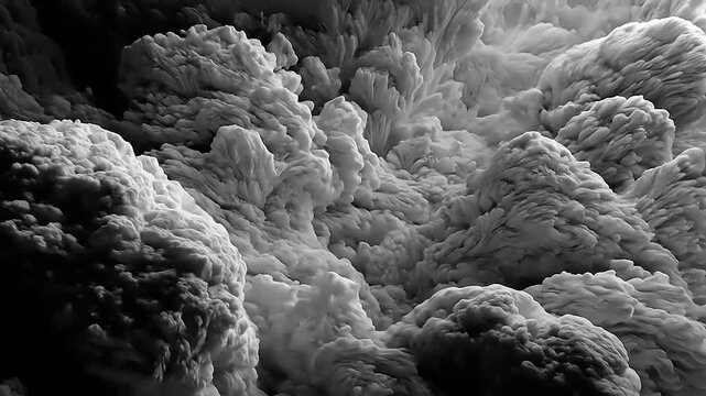 Dramatic interplay of grayscale textures and volumetric forms evokes the power of elemental phenomena seamlessly blended