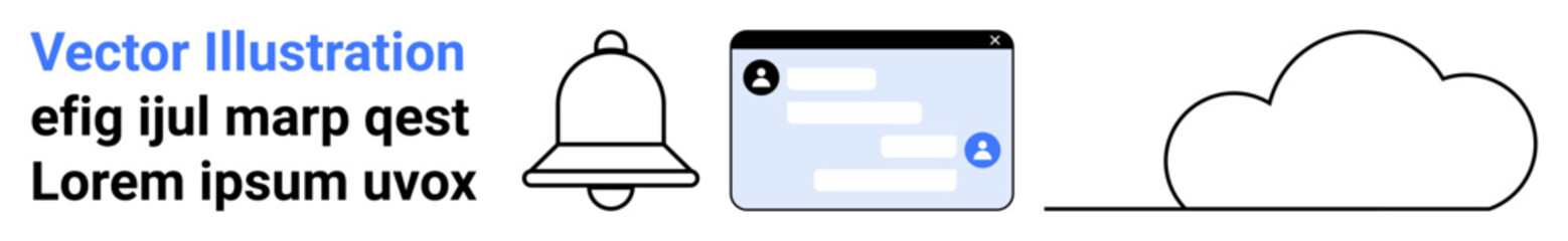 Fototapeta premium Notifications, messaging, cloud storage, technology, alerts, communication. Bell icon, chat window and cloud symbol . Notifications and messaging concept for digital communication