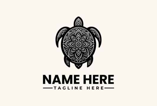 A black and white illustration of a turtle logo with a mandala design on its shell, accompanied by placeholder text for a name and tagline on a plain background.