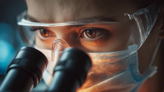 Focused female researcher looking through microscope in modern laboratory wearing safety glasses and mask symbolizing scientific discovery medical diagnostics laboratory research and innovation