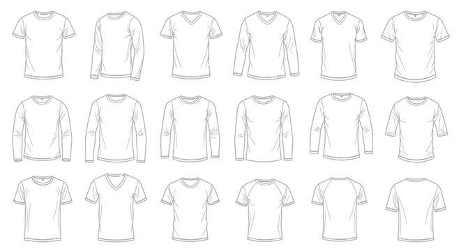 A comprehensive collection of diverse t-shirt designs, showcasing various necklines, sleeve lengths, and styles for apparel creation.